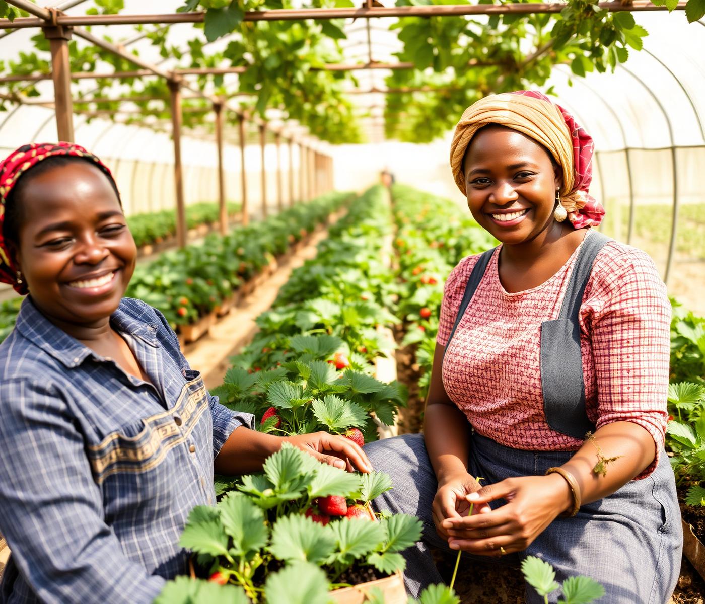 Women farmers tending strawberry plants in a greenhouse in Jos